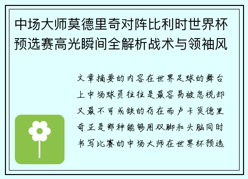 中场大师莫德里奇对阵比利时世界杯预选赛高光瞬间全解析战术与领袖风采