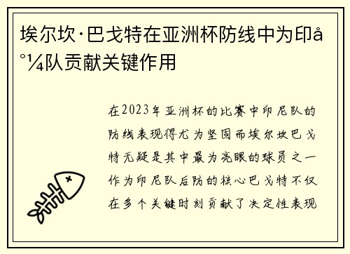 埃尔坎·巴戈特在亚洲杯防线中为印尼队贡献关键作用 埃尔坎·巴戈特在亚洲杯防线中为印尼队贡献关键作用